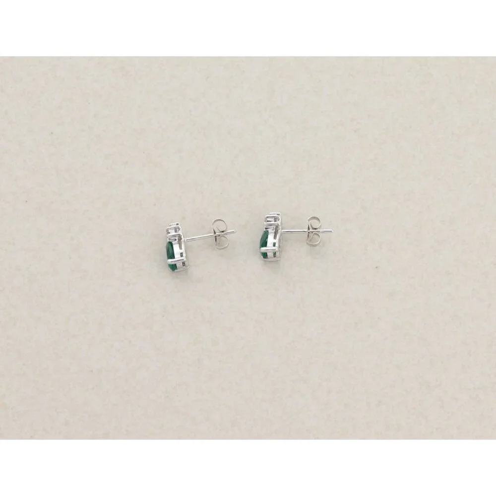 14k White Gold Lab Created Emerald & Diamond Earrings Stud Post Earrings 3/8" - Picture 8 of 9
